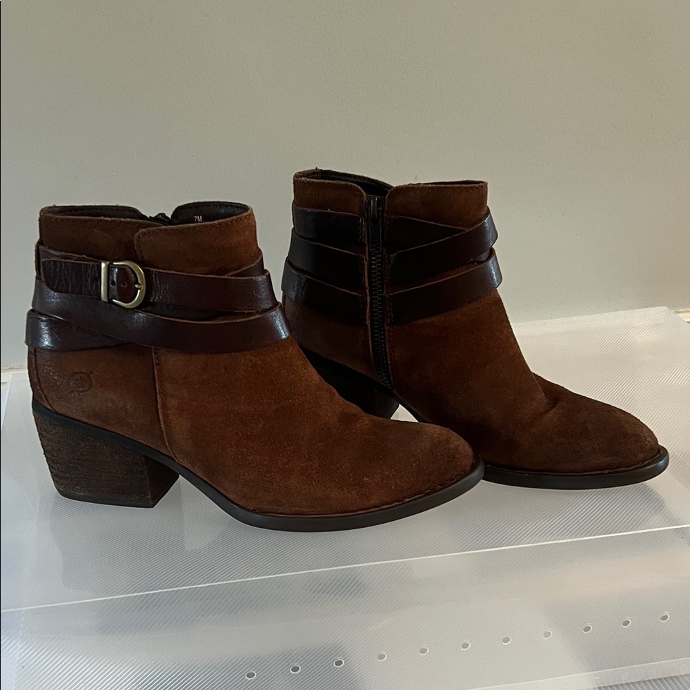 Born Brown Leather Ankle Boots with Strap